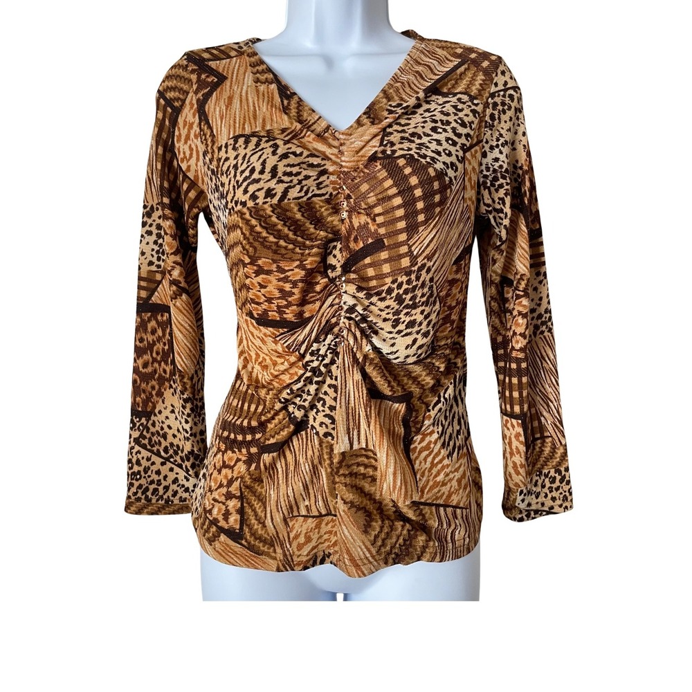 Vintage Y2K Animal Print Ruched Patchwork Sequin Top Emma Brown Medium Old Money